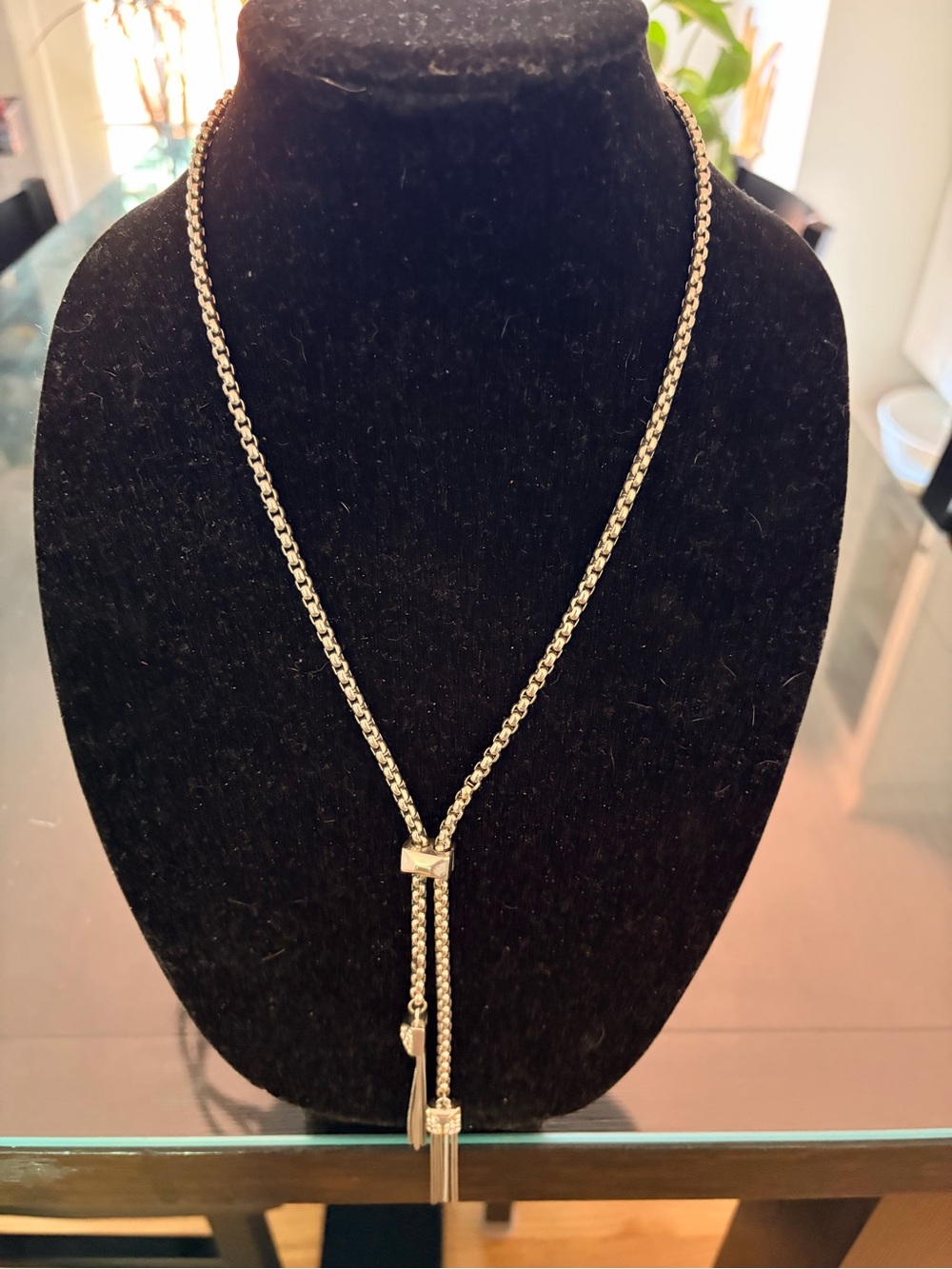 Silver Tone Lariat Y Necklace Double Tassel Drop Statement Necklace